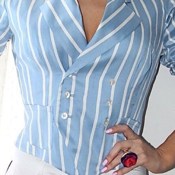 Ralph Lauren Spring 2006 Runway Collection Sky Blue Stripe Silk Cocktail Jacket - Picture 15 of 16